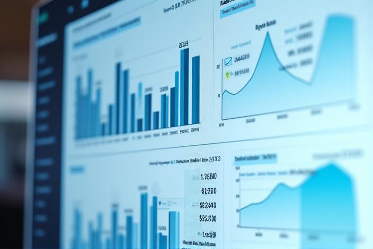 洗練されたデジタル在庫管理ダッシュボード。様々なグラフや数値がリアルタイムで更新されており、効率と精密さを表す。